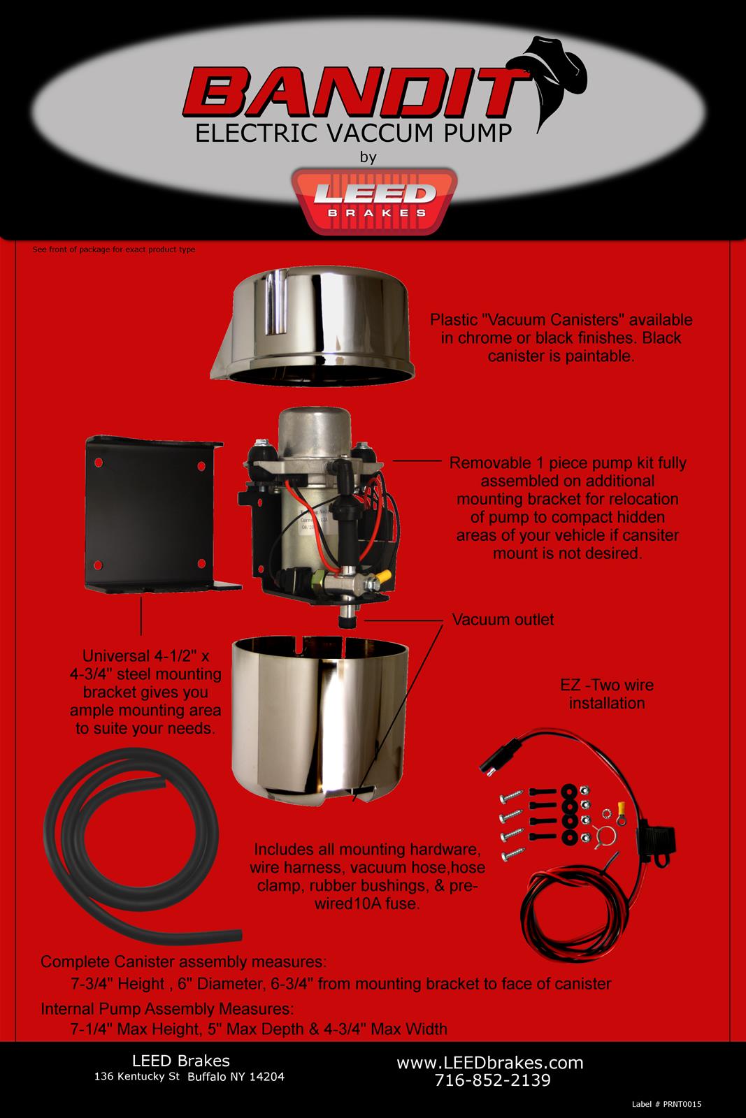 LEED Brakes Bandit Electric Vacuum Pump Kits VP001C Pump, Street, Electric, Chrome Housing, 25 hg Max Vacuum, 12 V DC, Hose Included, Universal, Kit thumbnail 6