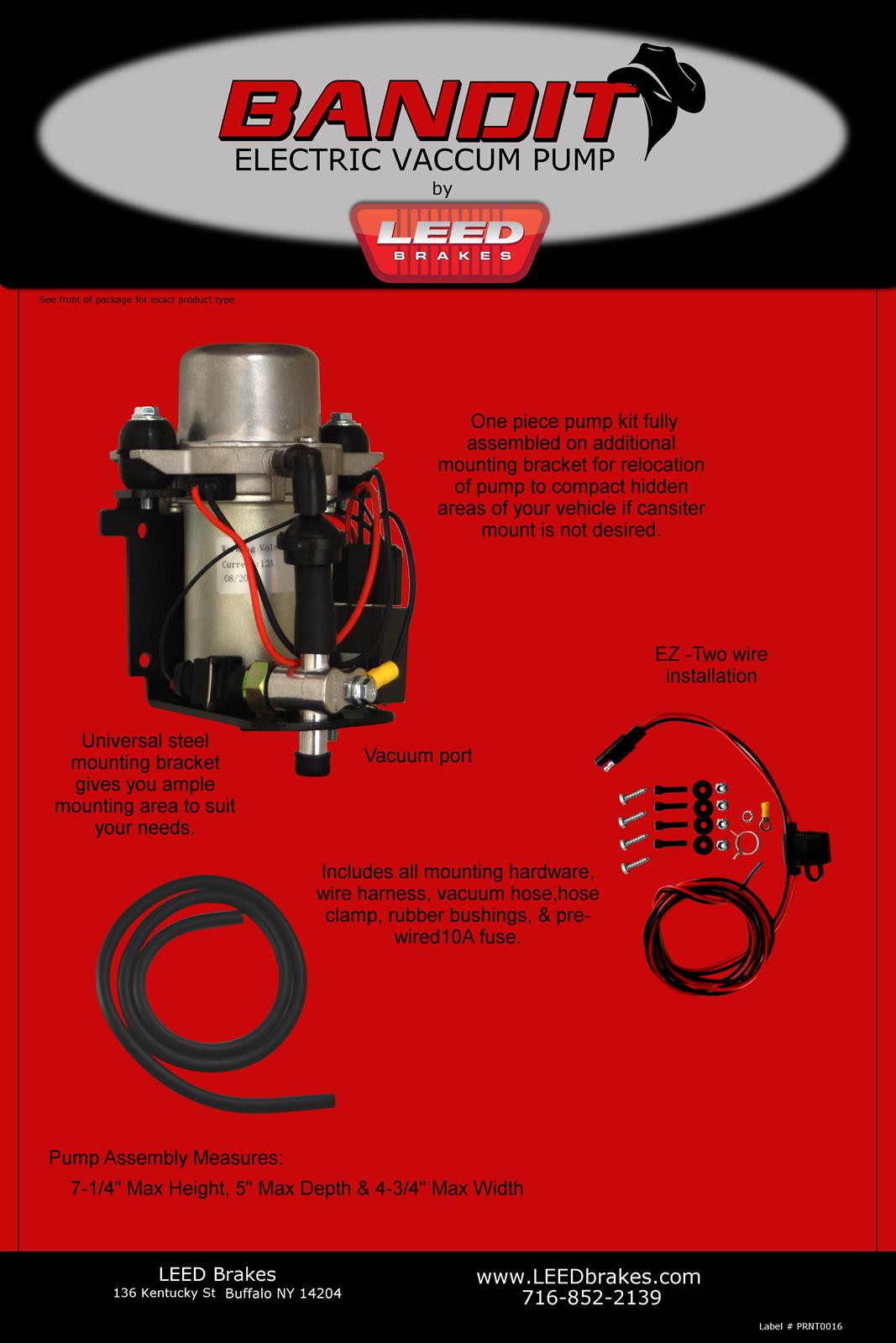 LEED Brakes Bandit Electric Vacuum Pump Kits VP002 Pump, Street, Electric, Naked Model, 25 hg Max Vacuum, 12 V DC, Hose Included, Universal, Kit thumbnail 4
