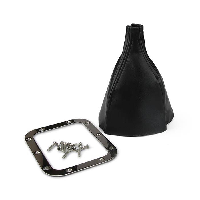 Lokar Shifter Boot Sets 70-FMB Boot, Rectangle, Black, Naugahyde, Polished Stainless Steel Trim Ring, Each thumbnail 2