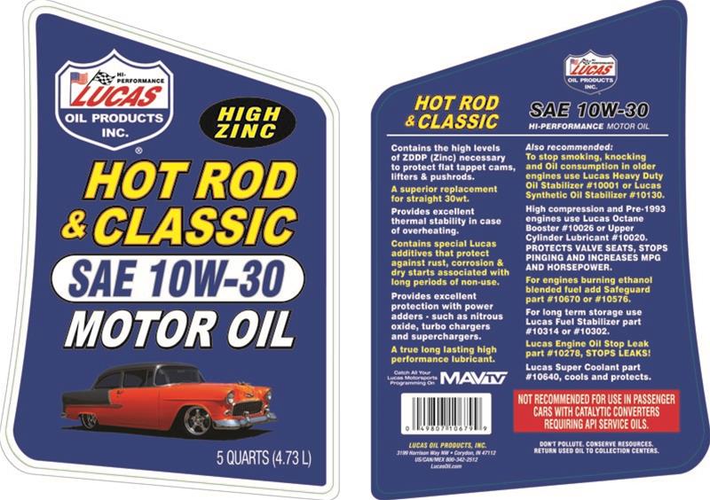 10w30 Lucas Hot Rod and Classic Car Motor Oil 10679 Engine Oil, Car, 10W30, ZDDP Enhanced, Mineral, 5 Quart Jug, Set of 3
