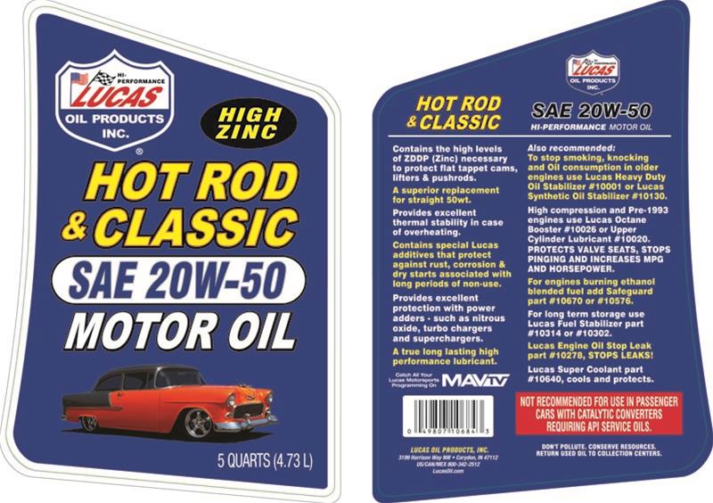 20w50 Lucas Hot Rod and Classic Car Motor Oil 10684 Engine Oil, Car, 20W50, Mineral, 5 Quart Jug, Set of 3
