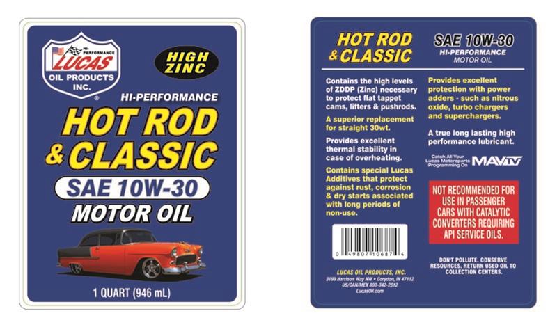 10w30 Lucas Hot Rod and Classic Car Motor Oil 10687 Engine Oil, Mineral, 10W30, 1 qt., Set of 6