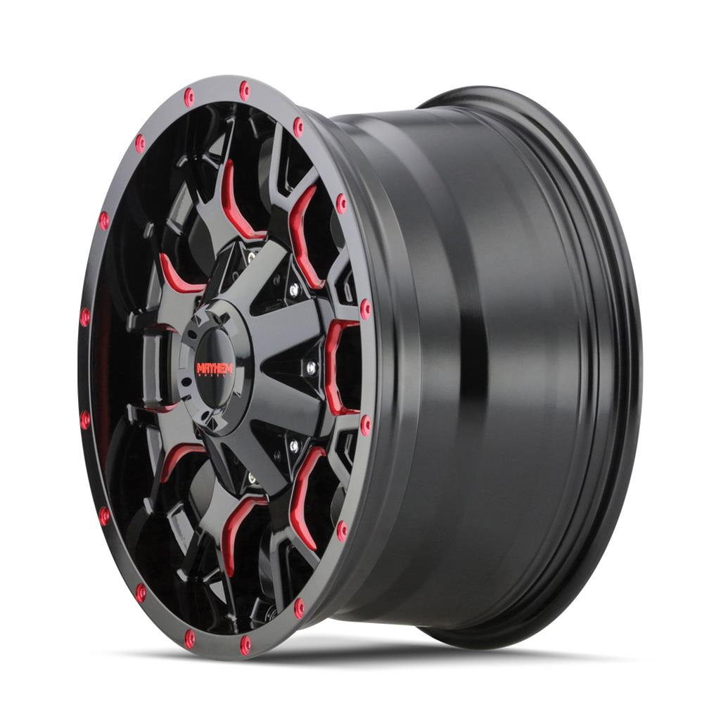 Mayhem Warrior 8015 Series Gloss Black With Prism Red Wheels 17x9 Wheel, 8015, 17 in. x 9 in., Aluminum, Gloss, Machined, Black, 5.71 in. Backspace, 5.15 in. Center Bore, +18.00mm, 8 x 6.50 in., Each thumbnail 3