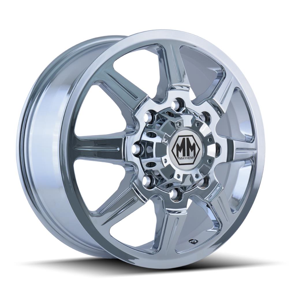 Mayhem Monstir 8101 Series Chrome Dually Wheels 17x6.5 Wheel, 8101, 17 in. x 6.5 in., Aluminum, Chrome, Chrome, 9.00 in. Backspace, 5.13 in. Center Bore, +134.00mm, 8 x 6.50 in., Each