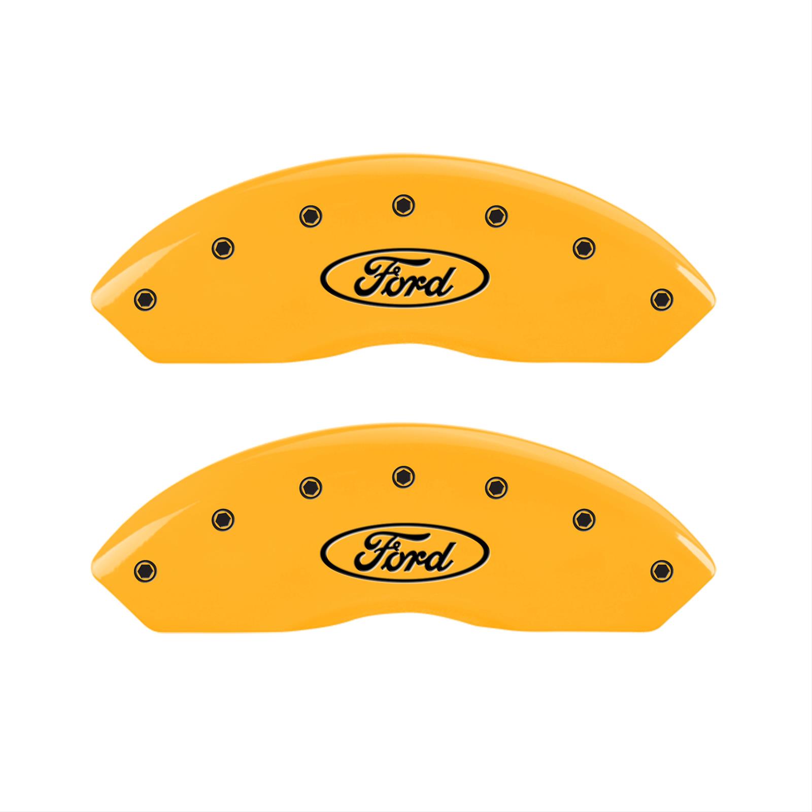 MGP 4 Caliper Covers Engraved Front & Rear Oval logo/Ford Yellow finish black ch thumbnail 2