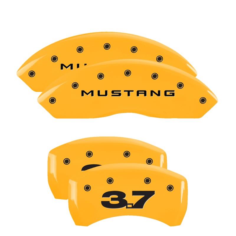 MGP 4 Caliper Covers Engraved Front Mustang Engraved Rear 37 Yellow finish black ch thumbnail 3