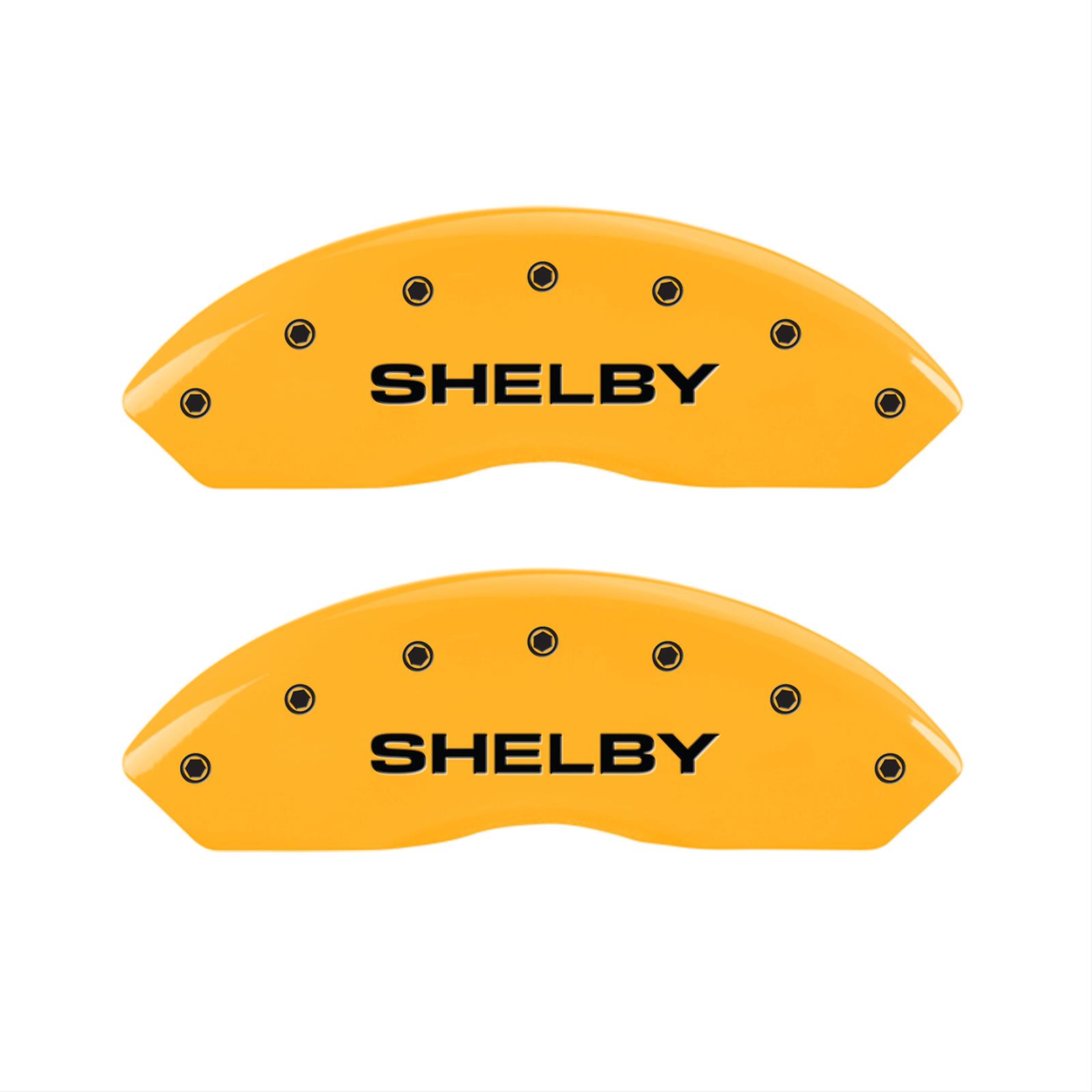 MGP 4 Caliper Covers Engraved Front Shelby Engraved Rear Tiffany Snake Yellow finish black ch