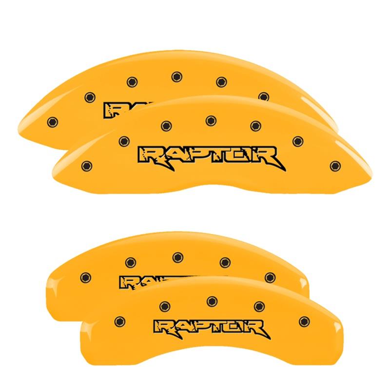 MGP Yellow Caliper Covers for 2020-2022 EXPEDITION, 2020 F-150 - 10239SRPTYL Set of 4 caliper covers, Engraved Front and Rear: Raptor, powder coat finish, black characters