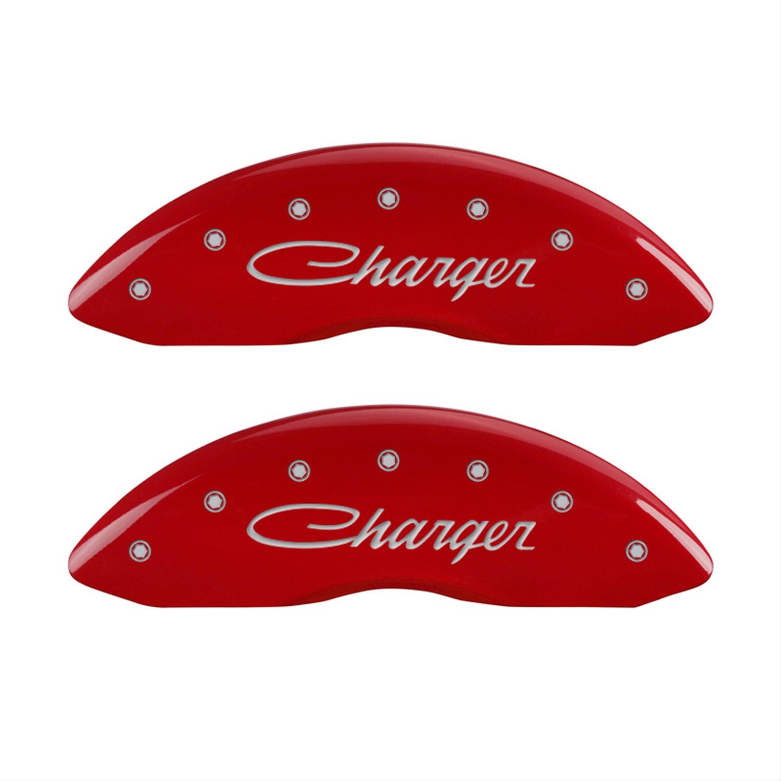 MGP 4 Caliper Covers Engraved Front & Rear Cursive/Charger Red finish silver ch