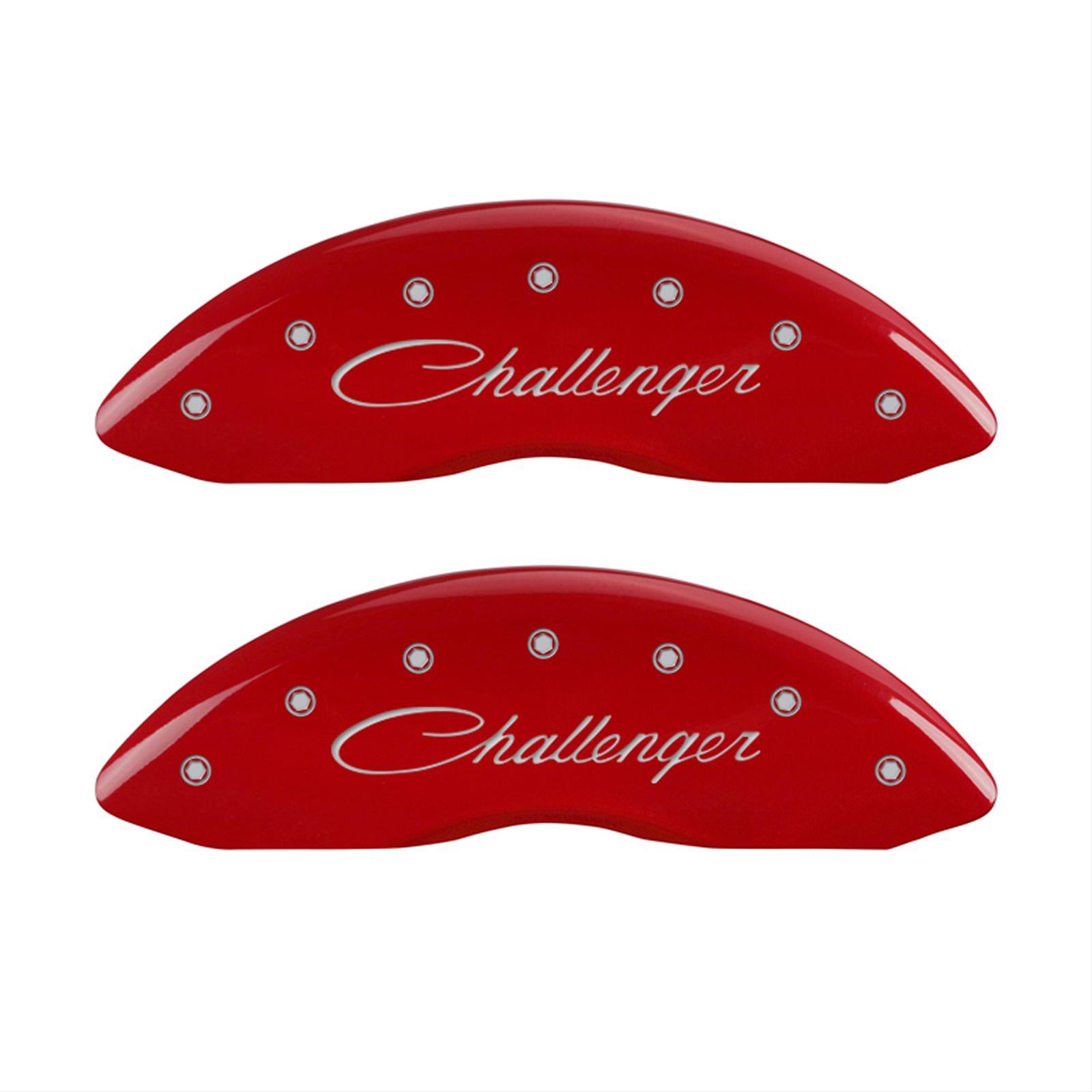 MGP 4 Caliper Covers Engraved Front & Rear Cursive/Challenger Red finish silver ch