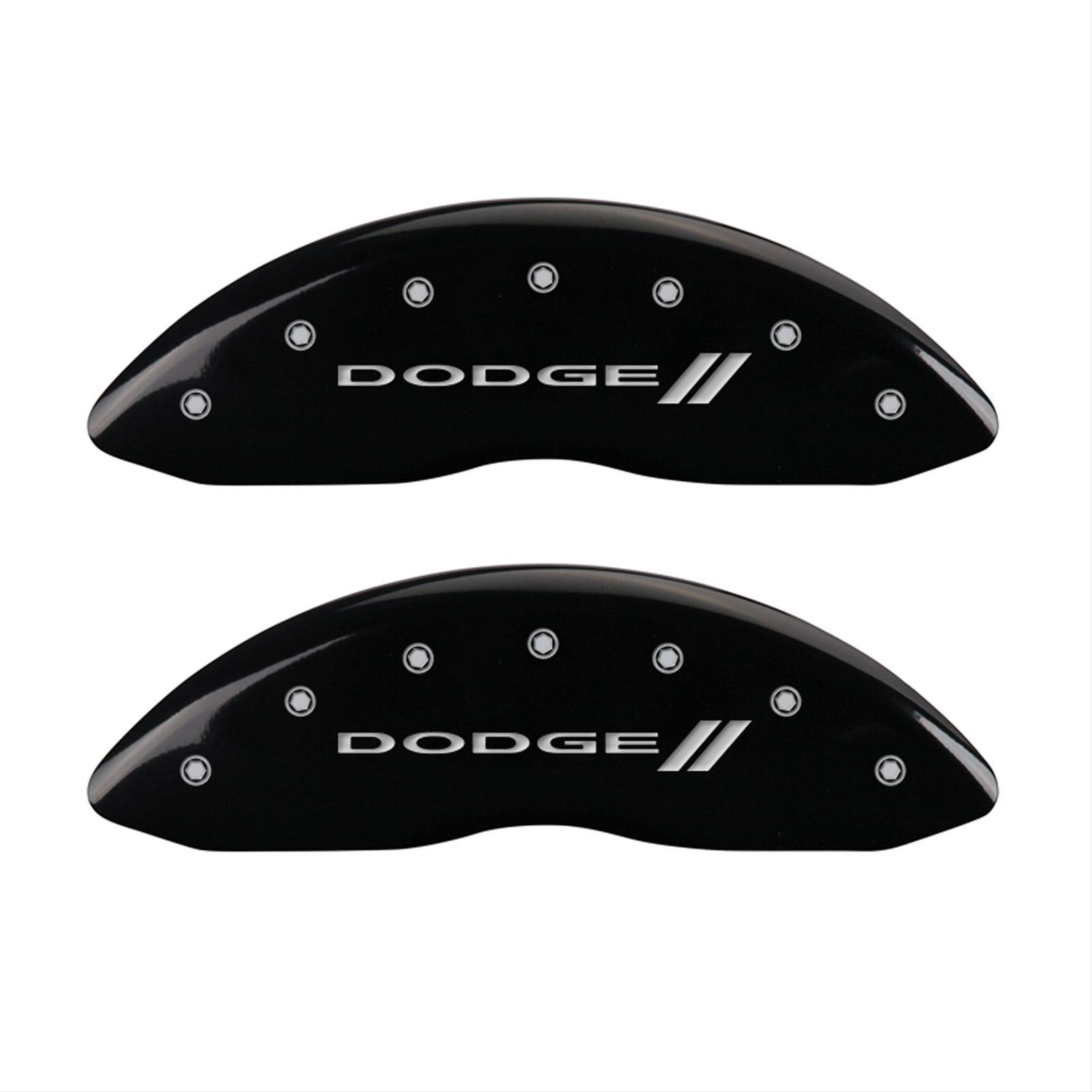 MGP 4 Caliper Covers Engraved Front & Rear With stripes/Dodge Black finish silver ch