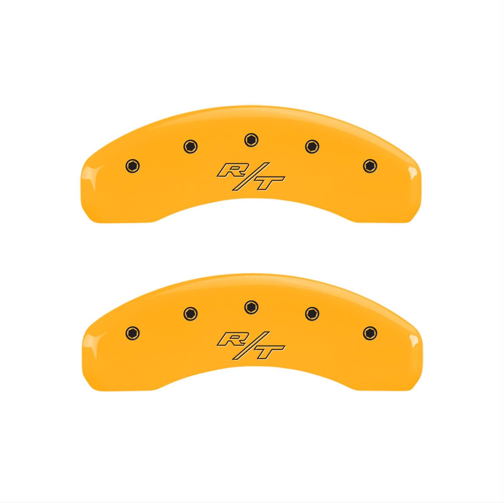 MGP 4 Caliper Covers Engrvd Front Block/Challenger Engrvd Rear Vintage Style/RT Yellow fnsh Blk ch thumbnail 2