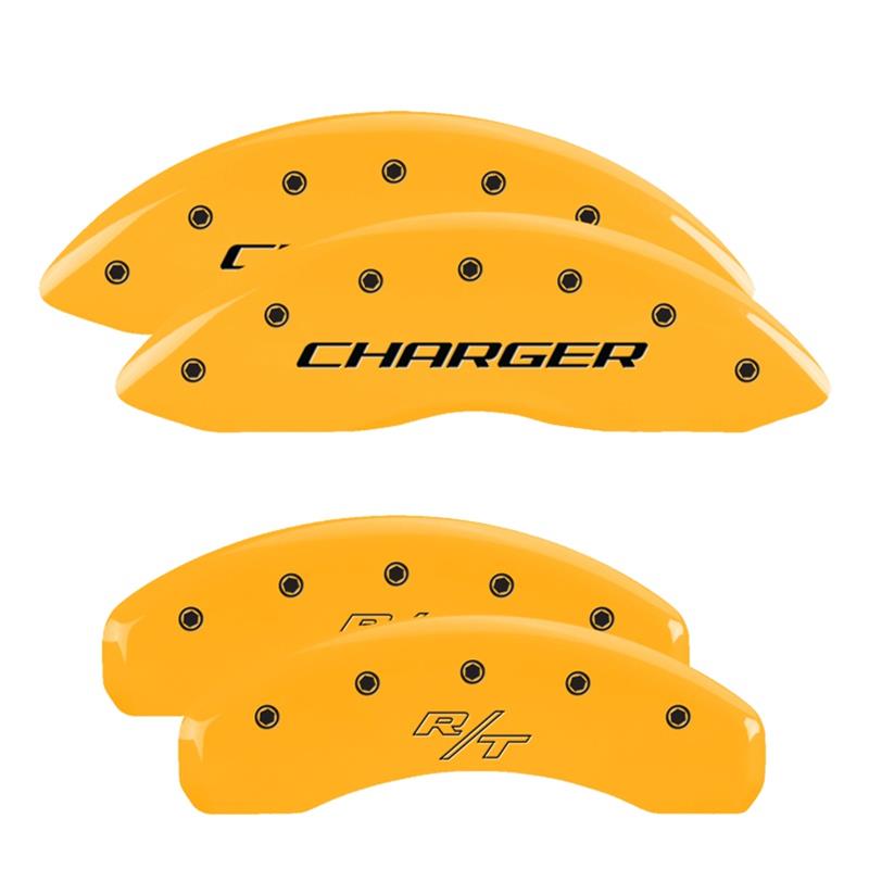 MGP 4 Caliper Covers Engraved Front Charger Engraved Rear RT Yellow finish black ch thumbnail 3
