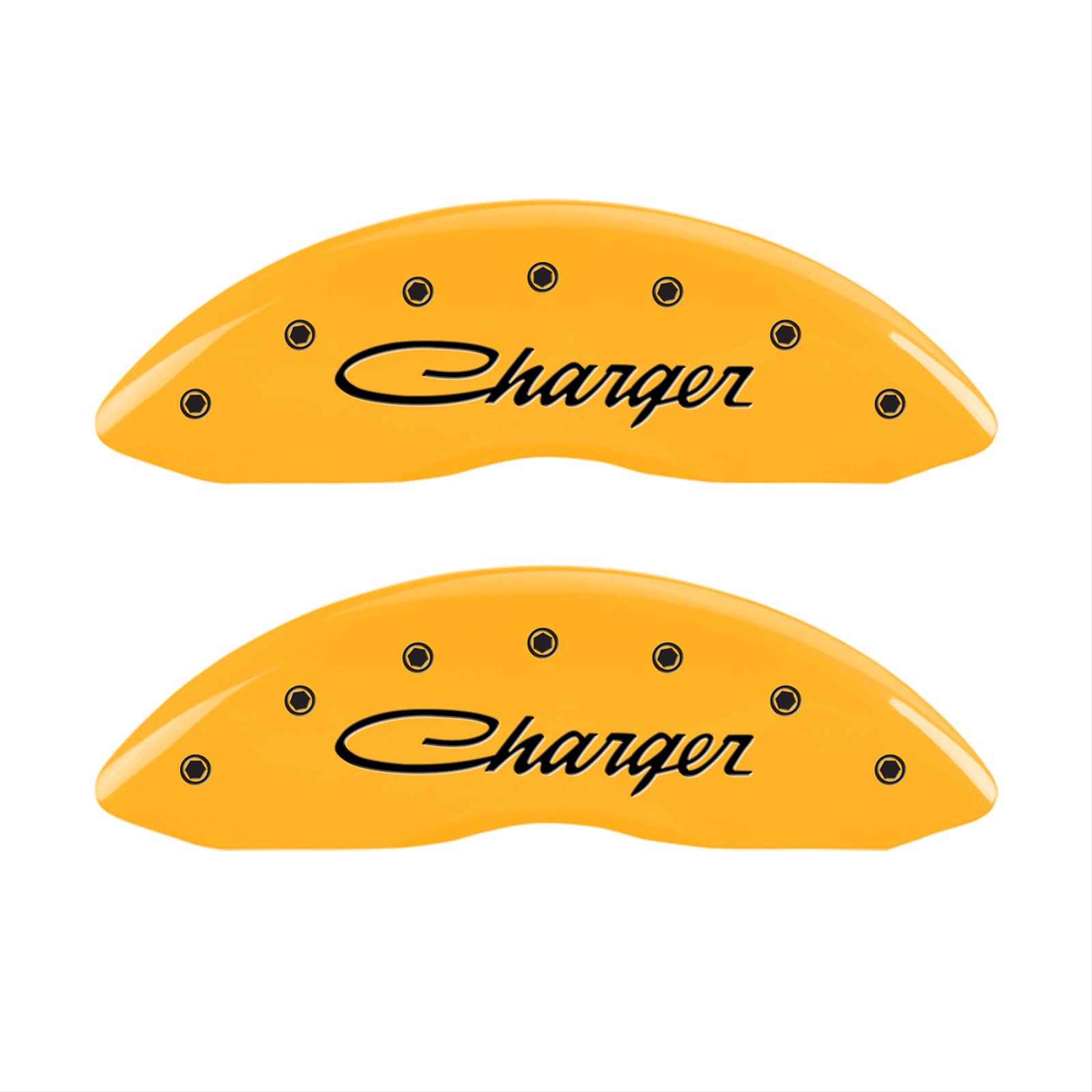 MGP 4 Caliper Covers Engraved Front & Rear Cursive/Charger Yellow finish black ch