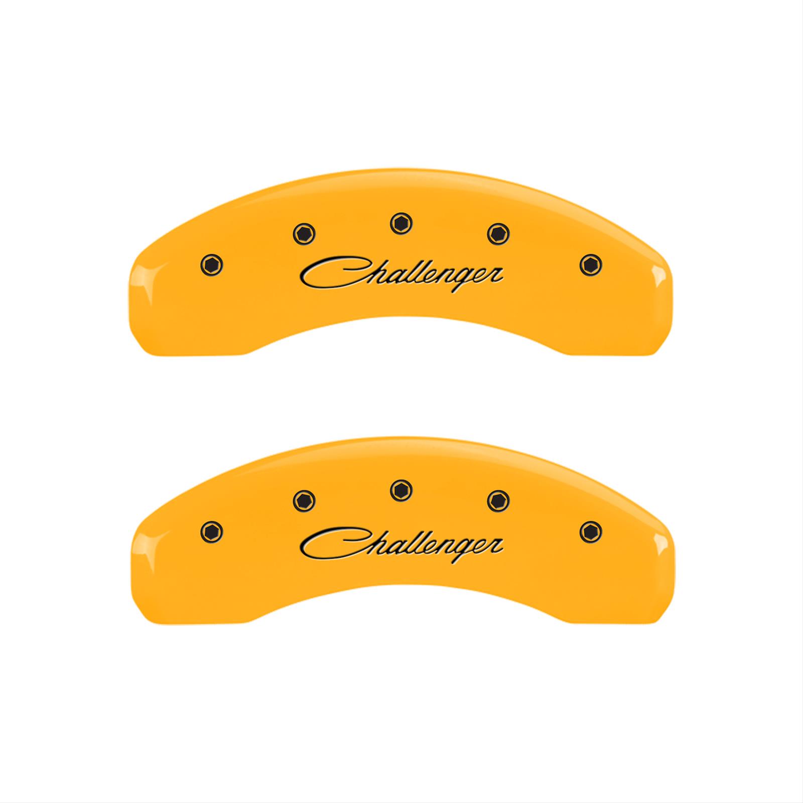 MGP 4 Caliper Covers Engraved Front & Rear Cursive/Challenger Yellow finish black ch thumbnail 2