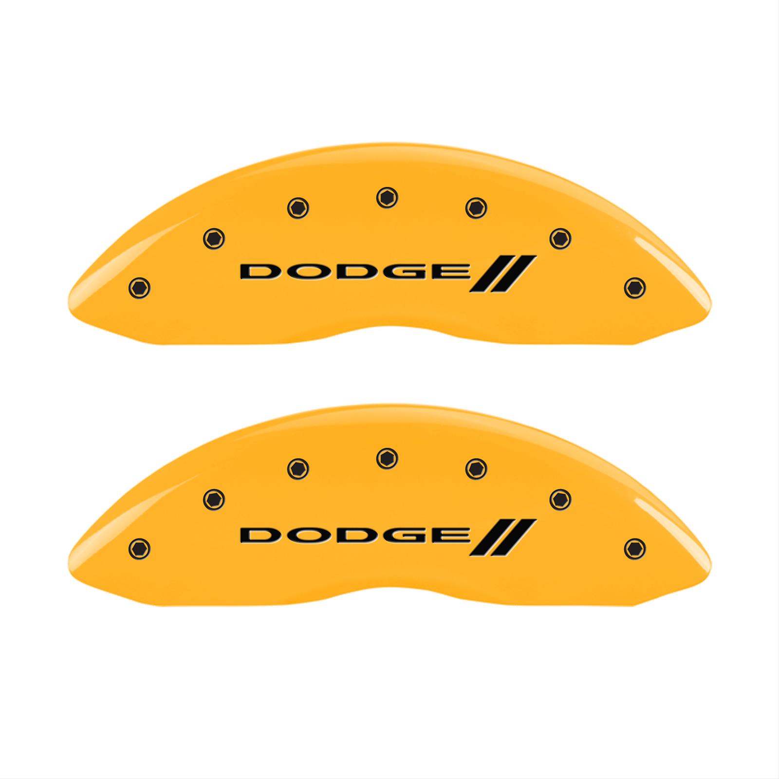MGP 4 Caliper Covers Engraved Front & Rear With stripes/Dodge Yellow finish black ch thumbnail 2