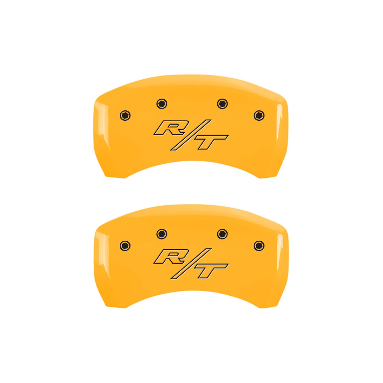 MGP 4 Caliper Covers Engraved Front Cursive/Challenger Engraved Rear RT Yellow finish black ch thumbnail 2