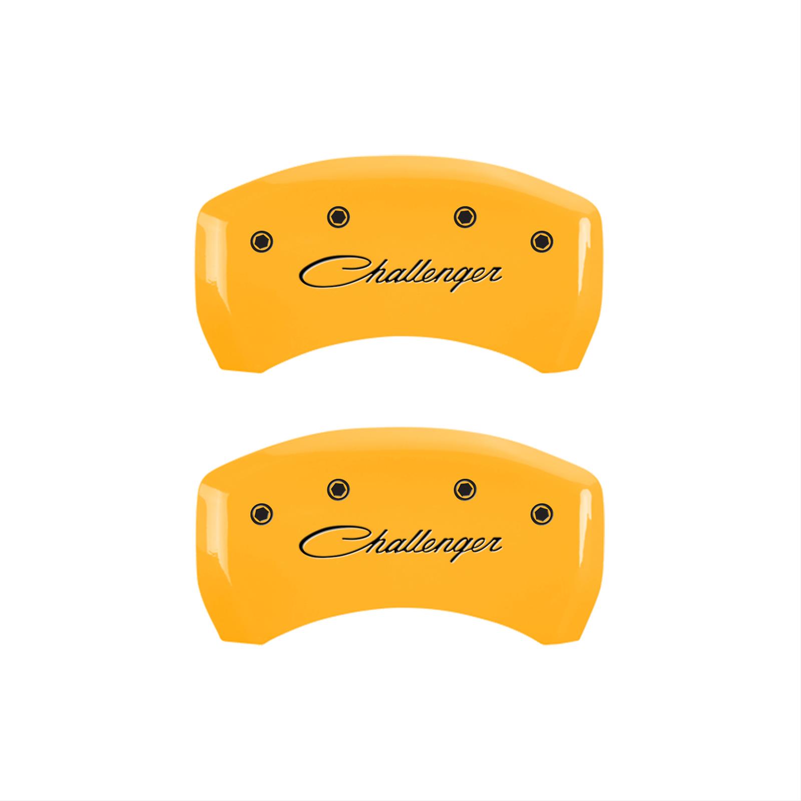 MGP 4 Caliper Covers Engraved Front & Rear Cursive/Challenger Yellow finish black ch thumbnail 2