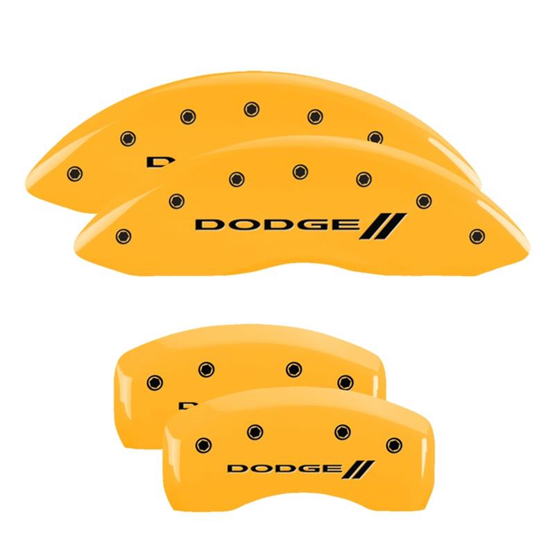 MGP 4 Caliper Covers Engraved Front & Rear With stripes/Dodge Yellow finish black ch thumbnail 3
