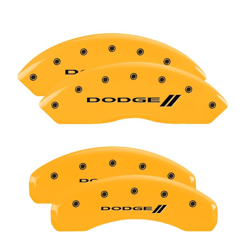MGP 4 Caliper Covers Engraved Front & Rear With stripes/Dodge Yellow finish black ch thumbnail 3