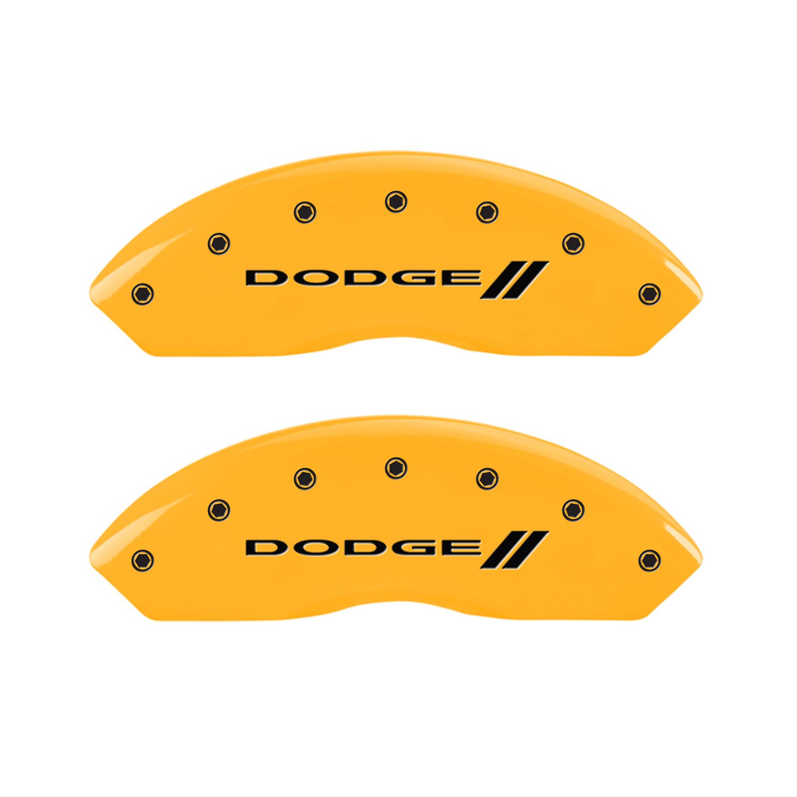MGP 4 Caliper Covers Engraved Front & Rear With stripes/Dodge Yellow finish black ch