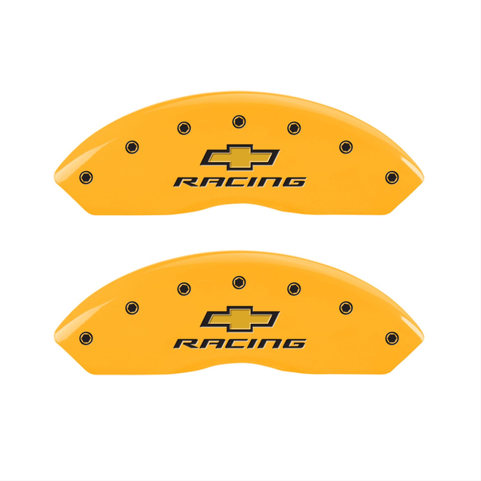MGP 4 Caliper Covers Engraved F & R Chevy Racing Yellow Finish Black Char 2017 Chevrolet Camaro