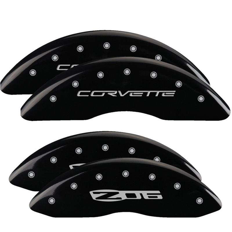 MGP 4 Caliper Covers Engraved Front C6/Corvette Engraved Rear C6/Z06 Black finish silver ch thumbnail 3