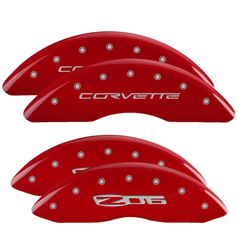 MGP 4 Caliper Covers Engraved Front C6/Corvette Engraved Rear C6/Z06 Red finish silver ch thumbnail 3