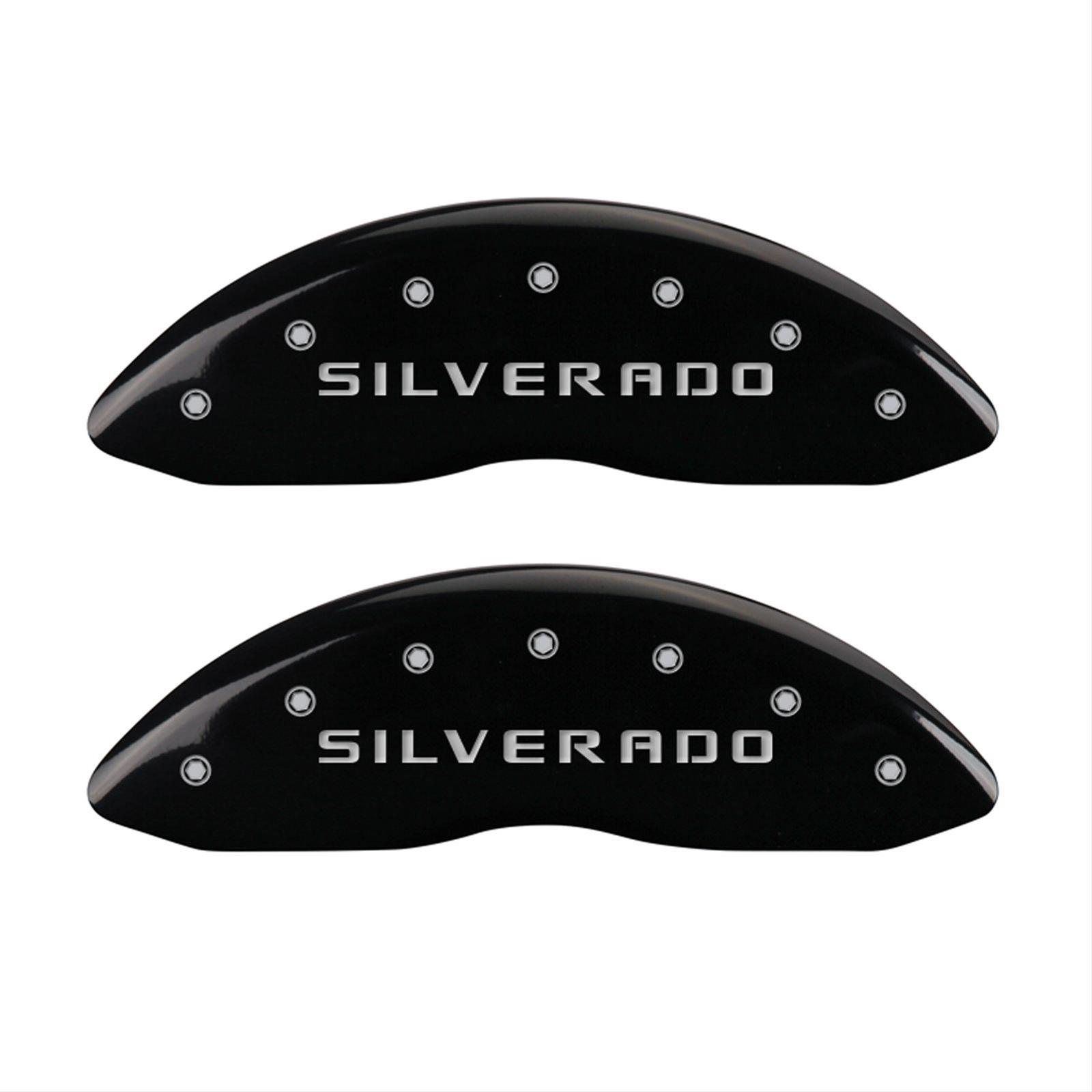 MGP 4 Caliper Covers Engraved Front & Rear Silverado Black finish silver ch