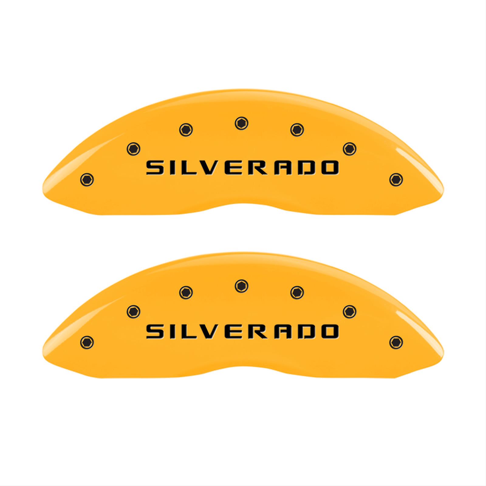 MGP 4 Caliper Covers Engraved Front & Rear Silverado Yellow Finish Blk Char 02 Chevy Avalanche 2500