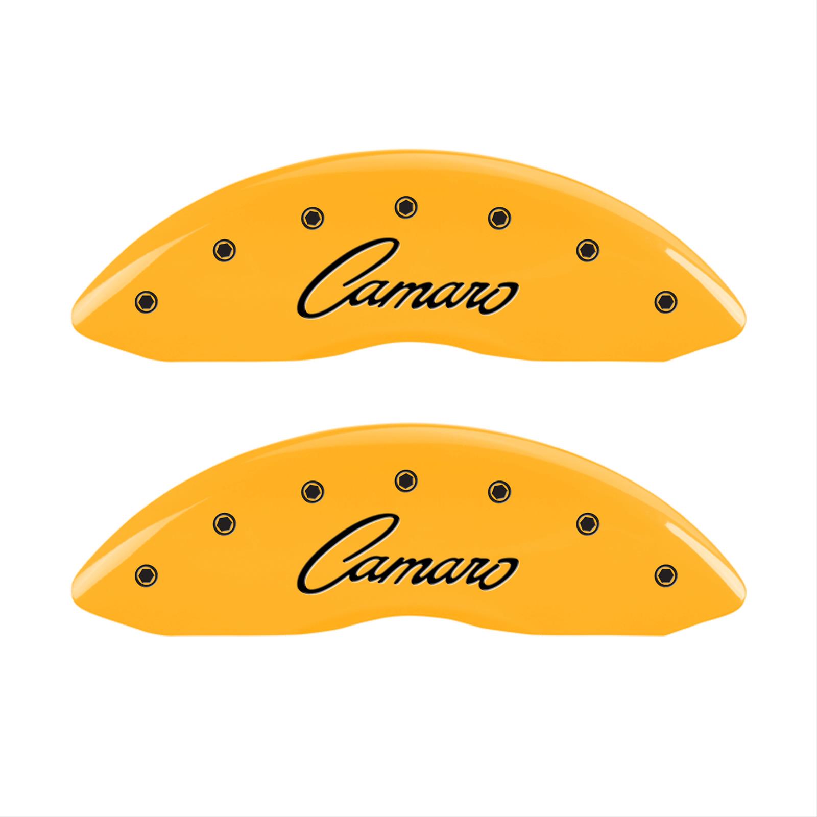 MGP 4 Caliper Covers Engraved Front Gen 5/Camaro Engraved Rear Gen 5/Z28 Yellow finish black ch