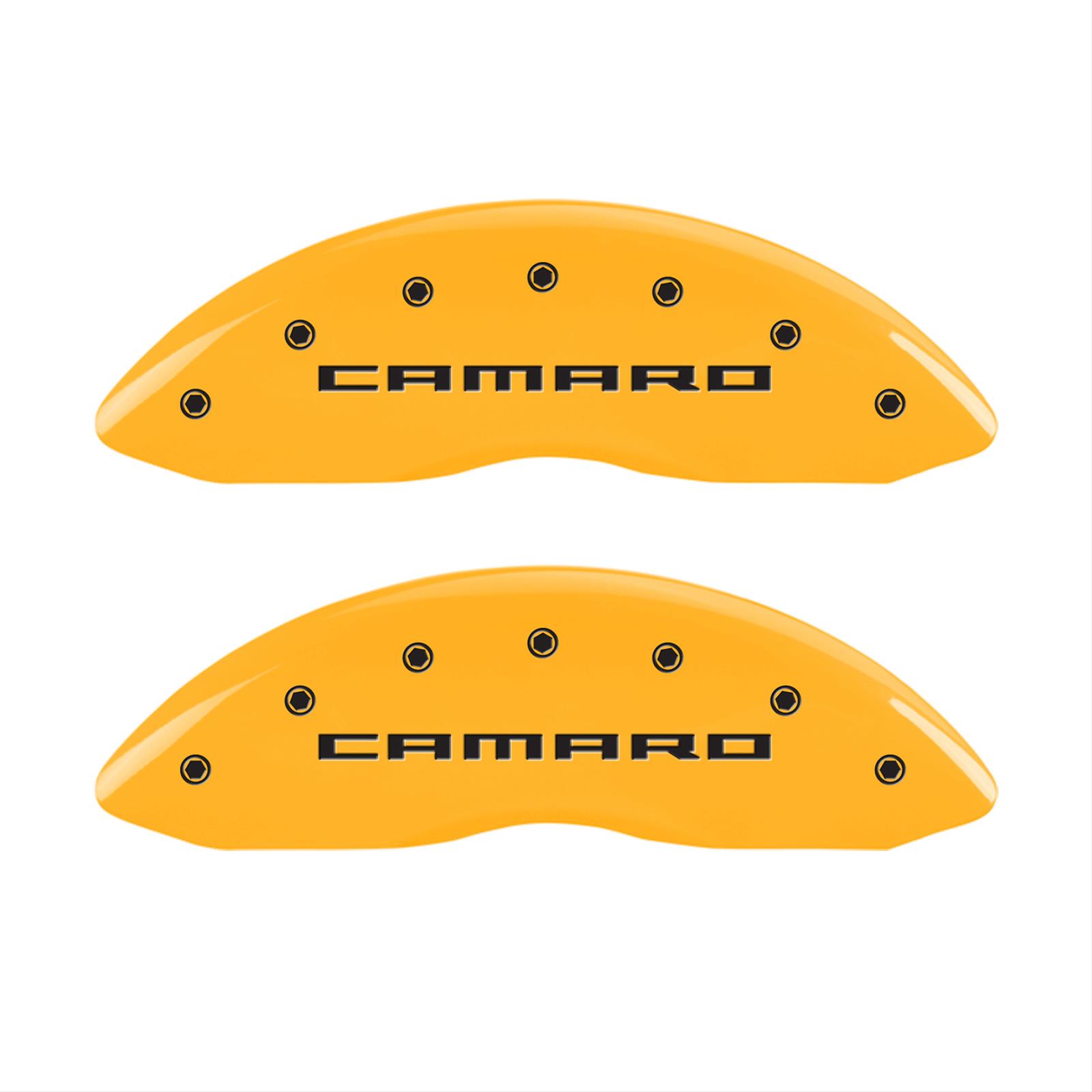 MGP 4 Caliper Covers Engraved Front Gen 5/Camaro Engraved Rear Gen 5/SS Yellow finish black ch
