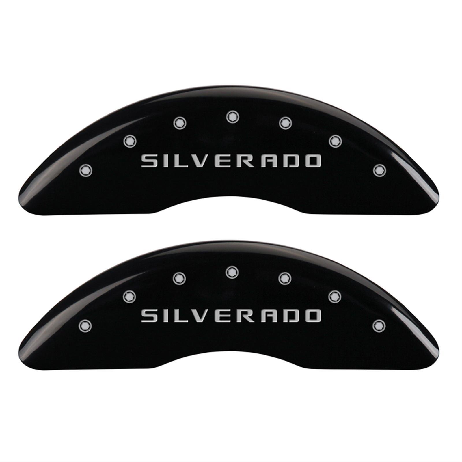 MGP 4 Caliper Covers Engraved Front & Rear Silverado Black finish silver ch