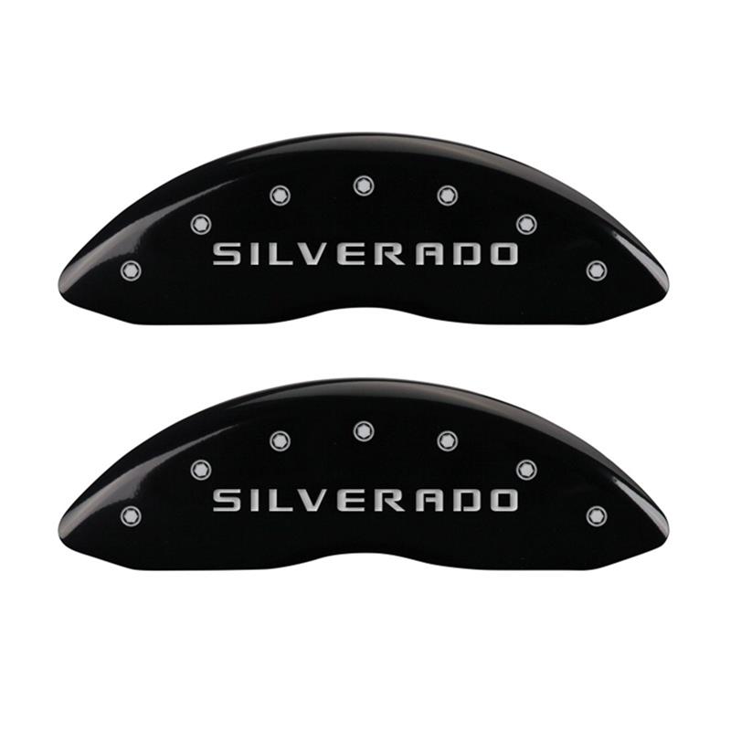 MGP Front set 2 Caliper Covers Engraved Front Silverado Black finish silver ch thumbnail 2