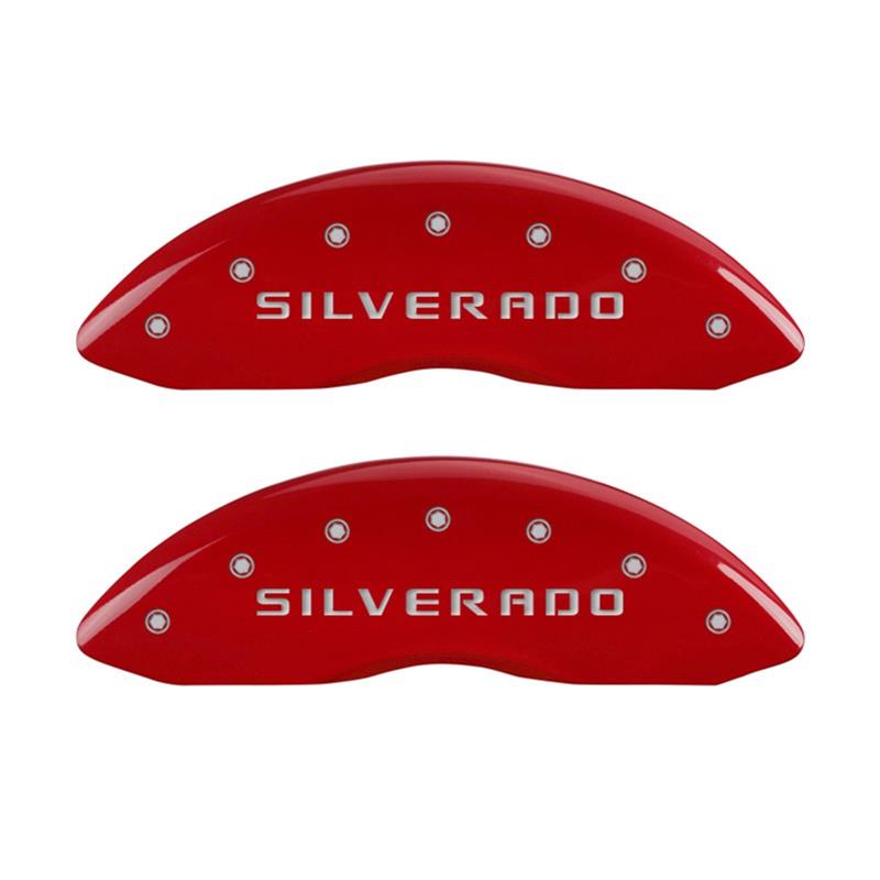 MGP Front set 2 Caliper Covers Engraved Front Silverado Red finish silver ch thumbnail 2