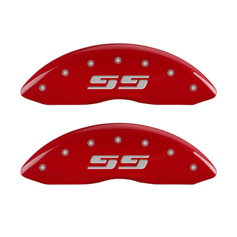 MGP Front set 2 Caliper Covers Engraved Front Silverado style/SS Red finish silver ch thumbnail 2