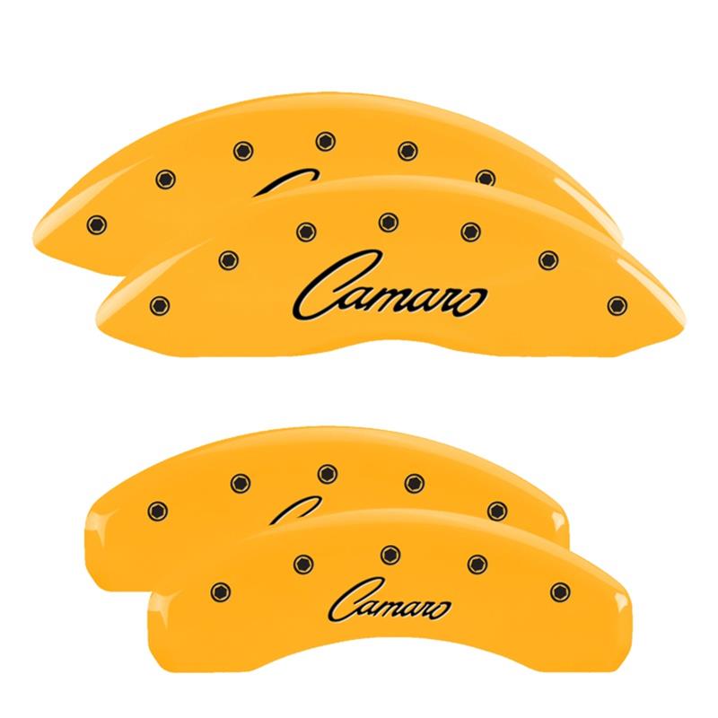 MGP Yellow Caliper Covers for 2016-2024 CAMARO - 14240SCCSYL Set of 4 caliper covers, Engraved Front and Rear: Camaro (Cursive), powder coat finish, black characters