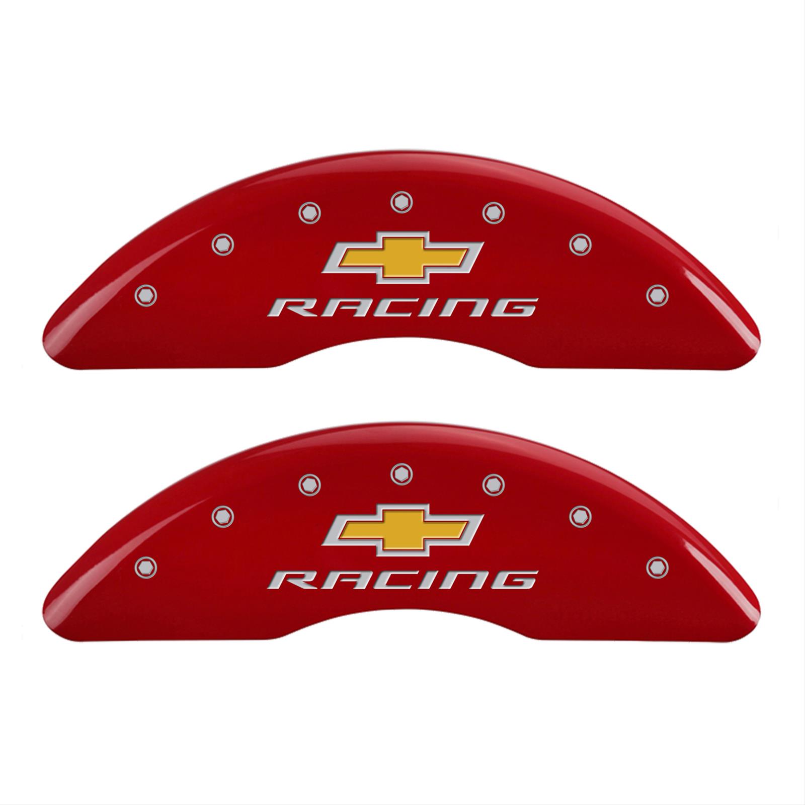 MGP 4 Caliper Covers Engraved Front & Rear Chevy Racing Red Finish Silver Char 2016 Chevrolet Camaro
