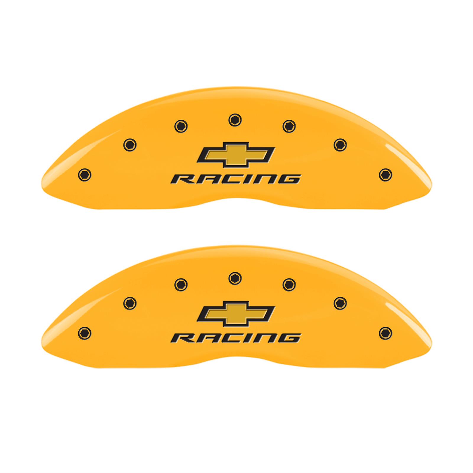 MGP 4 Caliper Covers Engraved Front & Rear Chevy Racing Yellow Finish Black Char 2016 Chevrolet SS