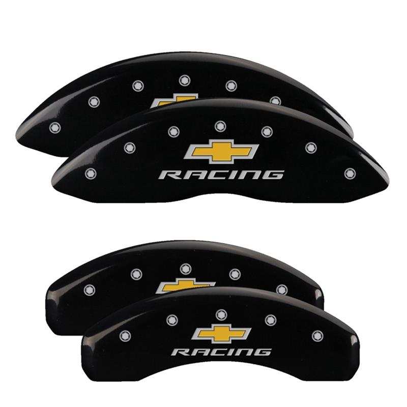 MGP Black Caliper Covers for 2016-2024 CAMARO - 14253SBRCBK Set of 4 caliper covers, Engraved Front and Rear: Chevy racing, powder coat finish, silver characters.