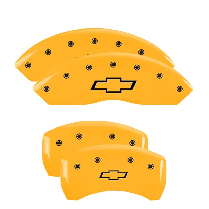 MGP Yellow Caliper Covers for 2020 TRAVERSE - 14257SBOWYL Set of 4 caliper covers, Engraved Front and Rear: Bowtie, powder coat finish, black characters