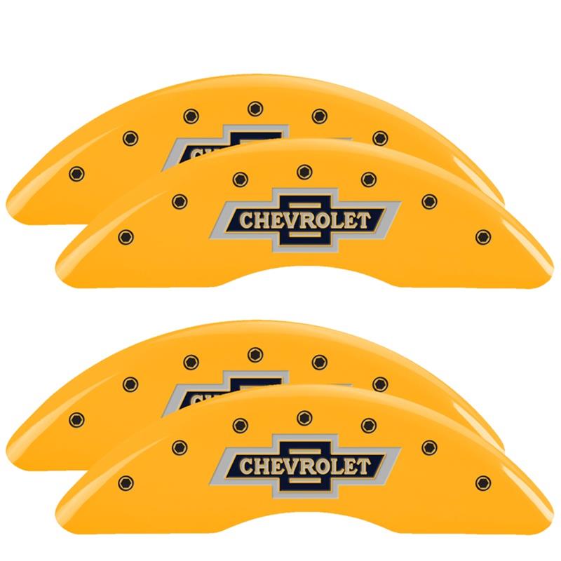 MGP Yellow Caliper Covers for 2020-2024 SILVERADO 2500 HD, 3500 HD - 14258SBANYL Set of 4 caliper covers, Engraved Front and Rear: 100 Anniversary logo, powder coat finish, black characters
