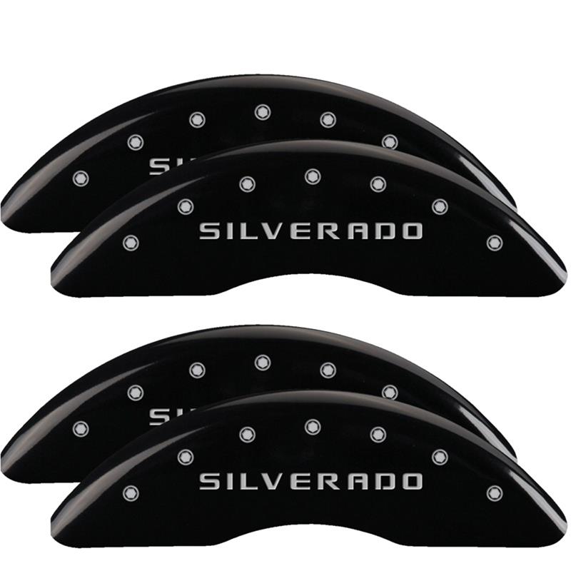 MGP Black Caliper Covers for 2020-2024 SILVERADO 2500 HD, 3500 HD - 14258SSILBK Set of 4 caliper covers, Engraved Front and Rear: Silverado, powder coat finish, silver characters
