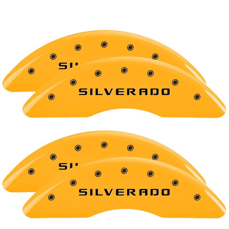 MGP Yellow Caliper Covers for 2020-2024 SILVERADO 2500 HD, 3500 HD - 14258SSILYL Set of 4 caliper covers, Engraved Front and Rear: Silverado, powder coat finish, black characters