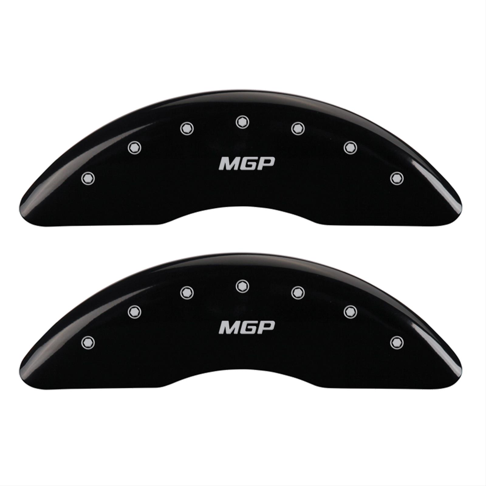 MGP Black Caliper Covers for 2017-2024 F-PACE - 41110SMGPBK Set of 4 caliper covers, Engraved Front and Rear: MGP, powder coat finish, silver characters.