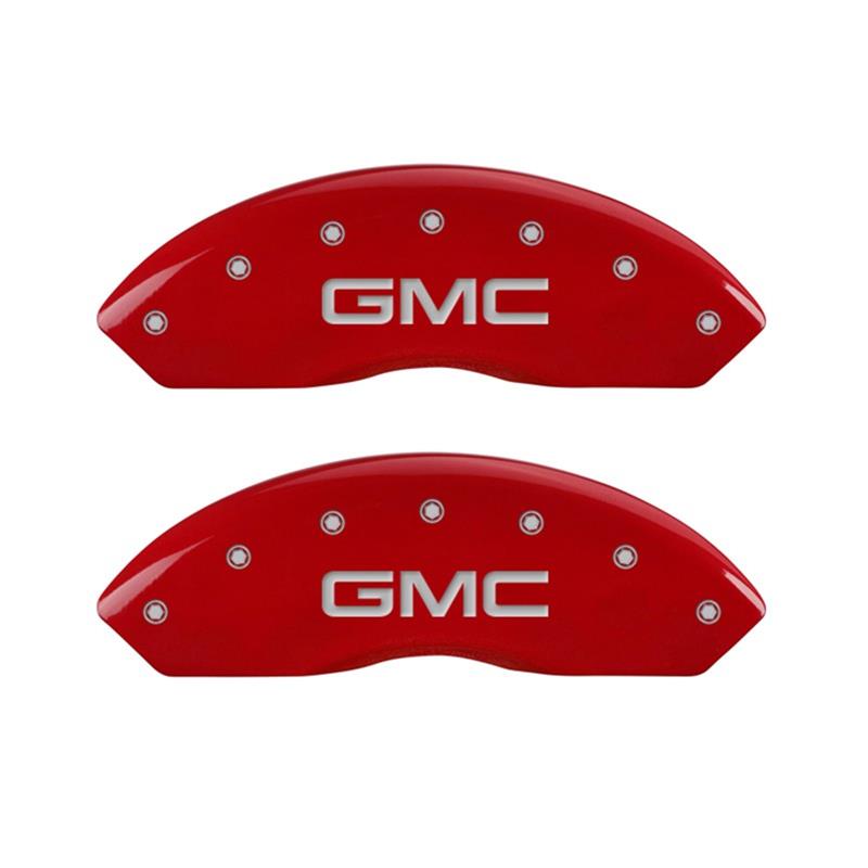 MGP Front set 2 Caliper Covers Engraved Front GMC Red finish silver ch thumbnail 2