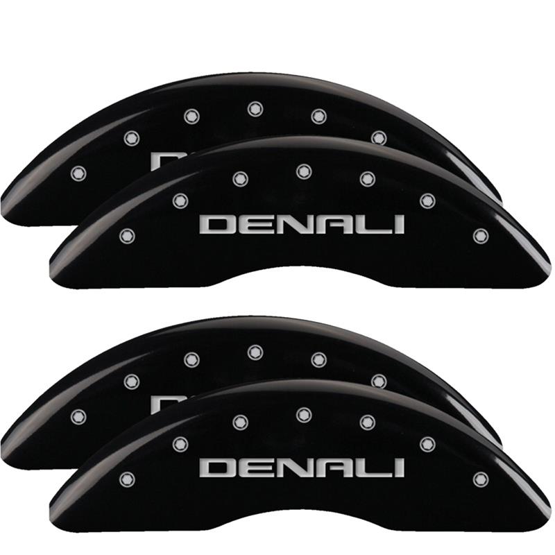 MGP Caliper Covers - Brake for 2020-2025 SIERRA 2500 HD, 3500 HD 34219SDNLBK Set of 4 caliper covers, Engraved Front and Rear: Denali, Black powder coat finish, silver characters