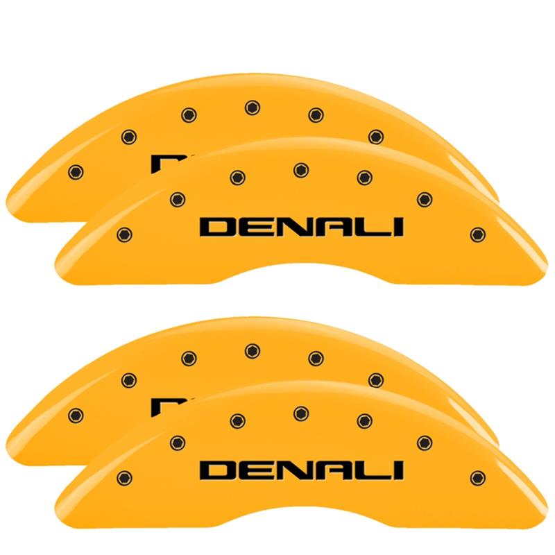 MGP Caliper Covers - Brake for 2020-2025 SIERRA 2500 HD, 3500 HD 34219SDNLYL Set of 4 caliper covers, Engraved Front and Rear: Denali, Yellow powder coat finish, black characters