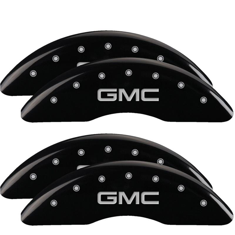 MGP Caliper Covers - Brake for 2020-2025 SIERRA 2500 HD, 3500 HD 34219SGMCBK Set of 4 caliper covers, Engraved Front and Rear: GMC, Black powder coat finish, silver characters