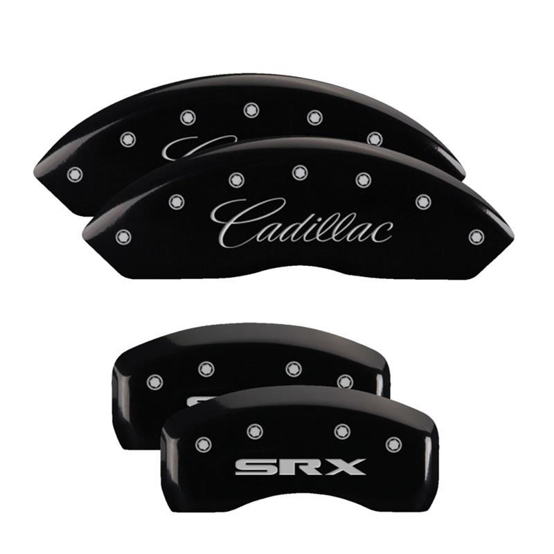 MGP 4 Caliper Covers Engraved Front Cursive/Cadillac Engraved Rear SRX Black finish silver ch thumbnail 3